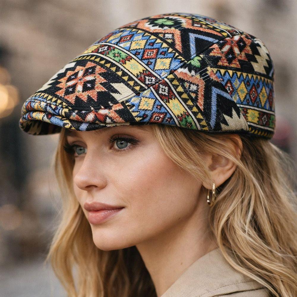 Fashion Headwear Jacquard Retro Beret Ethnic Embroidery Adjustable Beret Hat Lightweight Flat Cap Unisex