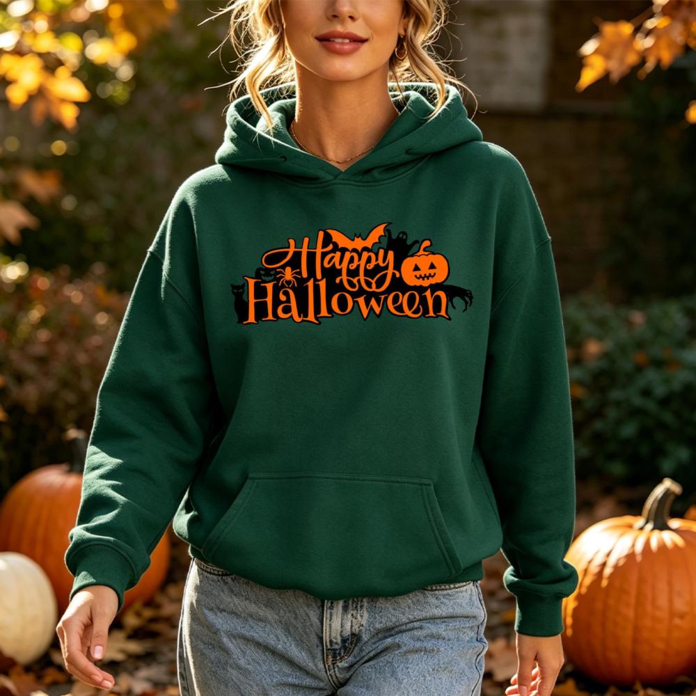 Felice Halloween Felpa con Stampa di Lettere Donna Felpa con Grafica di Zucca e Pipistrello Stagione Spettrale Manica Lunga Tasca Felpa con Cappuccio Top Casual