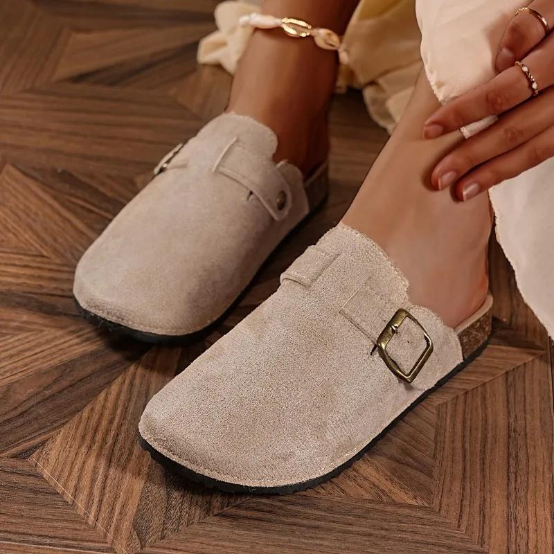 

Лето 2025 года, новые классические женские тапочки с закрытым носком, уличные тапочки на плоской подошве с круглым носком и пряжкой, повседневные и повседневные сандалии 36 хаки