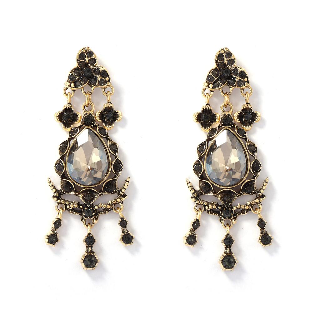 European, American Bohemian exquisite light luxury alloy full diamond drop-shaped pendant retro earrings female court style earrings