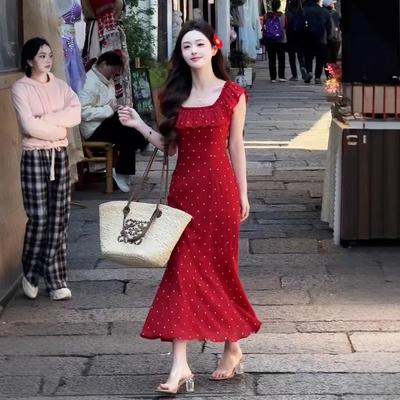 Big U-neck Fungus Edge Red Polka Dot Dress Summer New French Temperament Long Dress A-word Dress