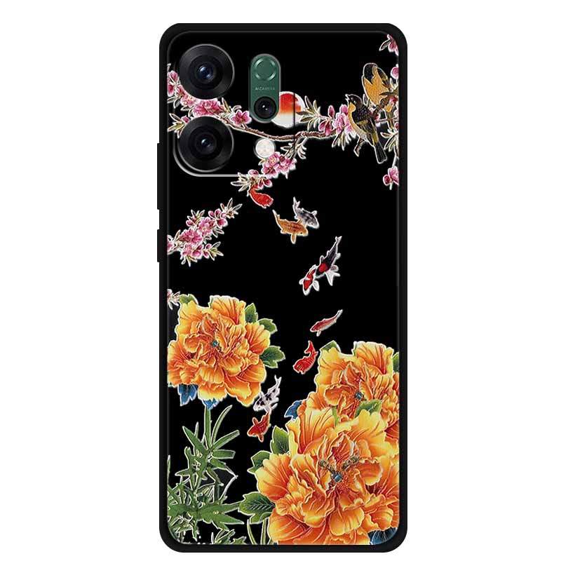 For Oppo Reno 14 5G 3D CaseRelief Flowers Emboss Phone Cover For Oppo Reno 14 Black Silicone Shockproof Soft Fundas Protector