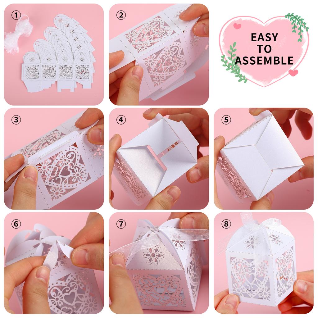 Wedding Favour Boxes 24 Pcs Candy Treat Gift Box with Ribbons Carved Hollow Small Gift Box for Personalised Sweets Communion