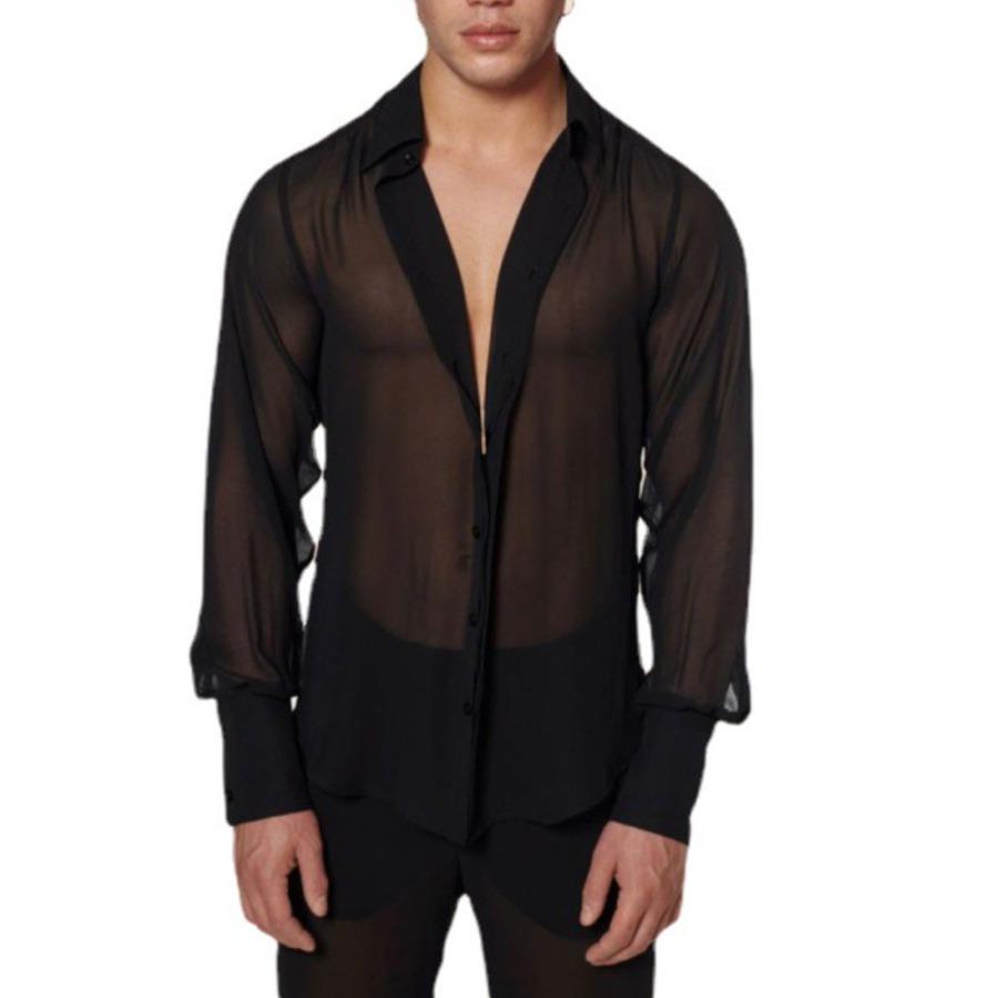 Thin  Lapel with Dense Mesh Personalized Long Sleeved Sexy See Through Men’s Casual Shirts