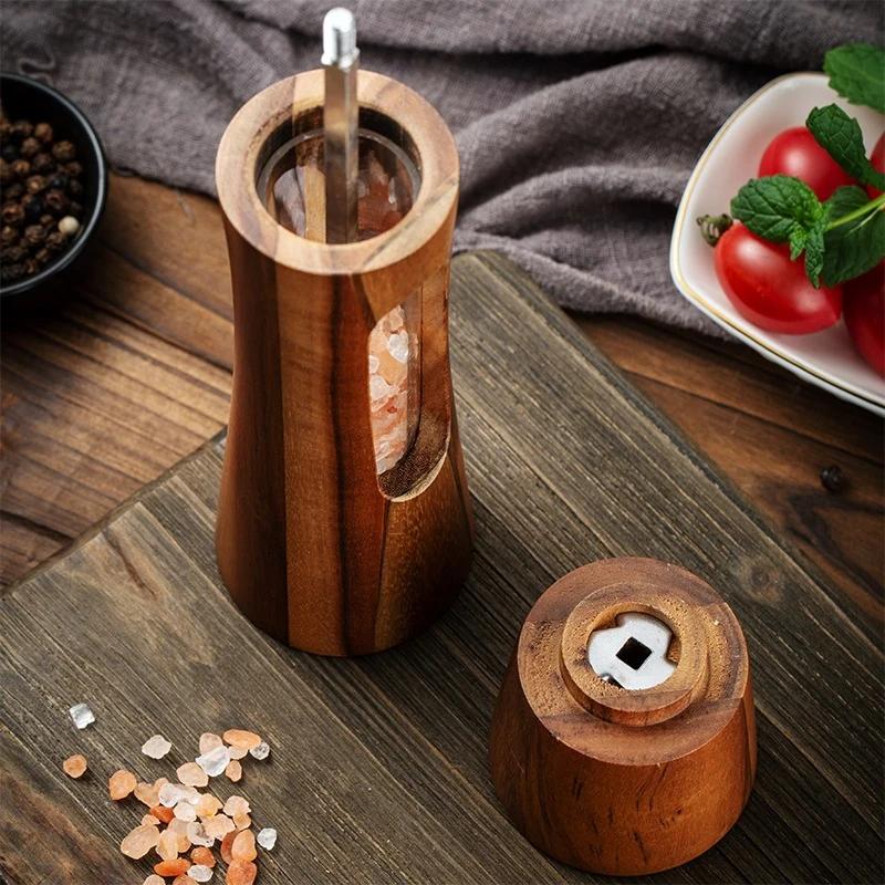 Salt and Pepper Grinder Set 8 Inch Wooden Mills with Storage Base Adjustable Ceramic Steel Core Spice Shakers Manual Grinder