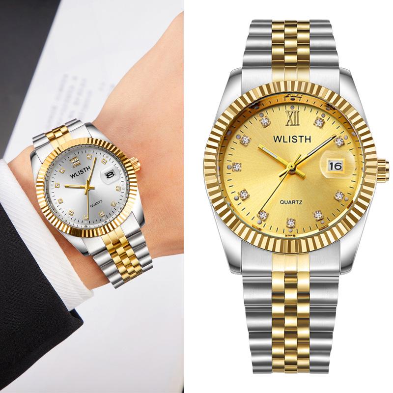 Matching Couple’s Watches: Fashionable, Waterproof, Luminous Quartz with Calendar in Two-Tone Steel for Men and Women