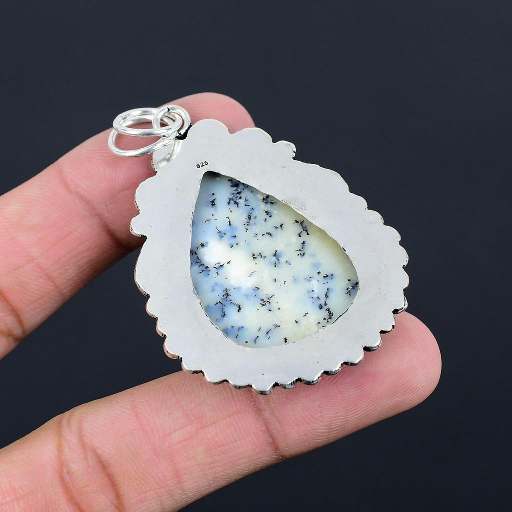 Pear Dendrite Opal Stone Sterling Silver Daughter Handmade Wedding Bezel Pendant