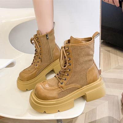 Fashion Block Heel Booties Women's Fashion Round Toe Spliced Suede Front Lace-up Platform Non-Slip Wear-Resistant Single Shoes