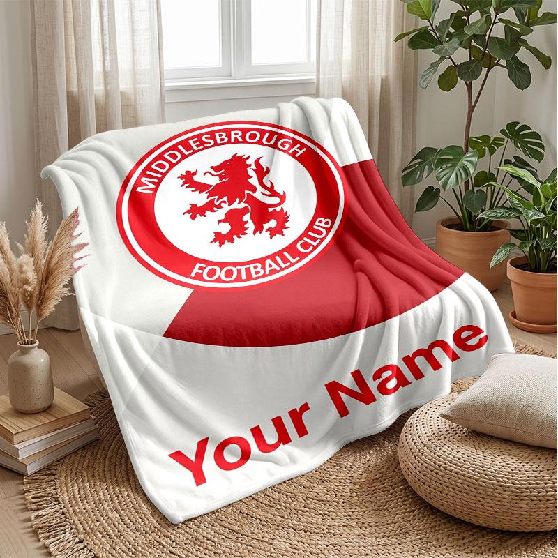 Middlesbrough FC Custom Name Text Flannel Blanket Soccer Logo Personalized Fleece Throw Blanket Special Gift For Sofa Bedroom Home