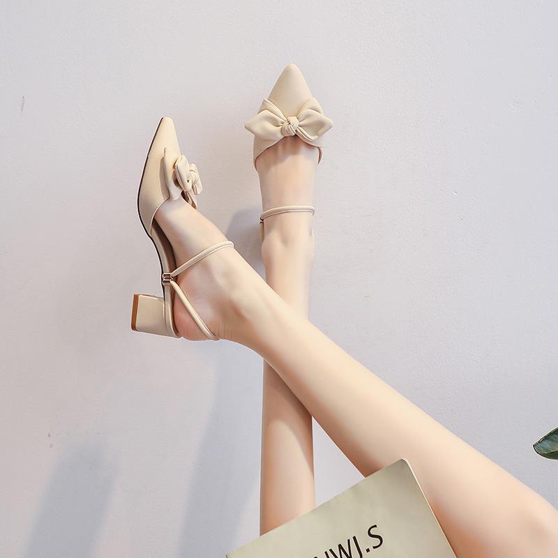 6807-36 Rear empty pointed middle heel sandals women's 2025 gentle and versatile summer thick heel single shoes