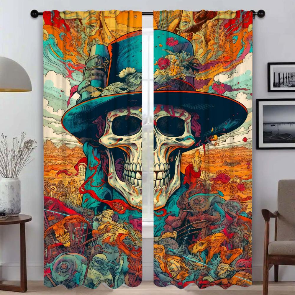 Musical Skull Kitchen Curtains for Living Room Home Interior Curtains 2 Pieces Partition Window Curtain Shades Tulle for Bedroom