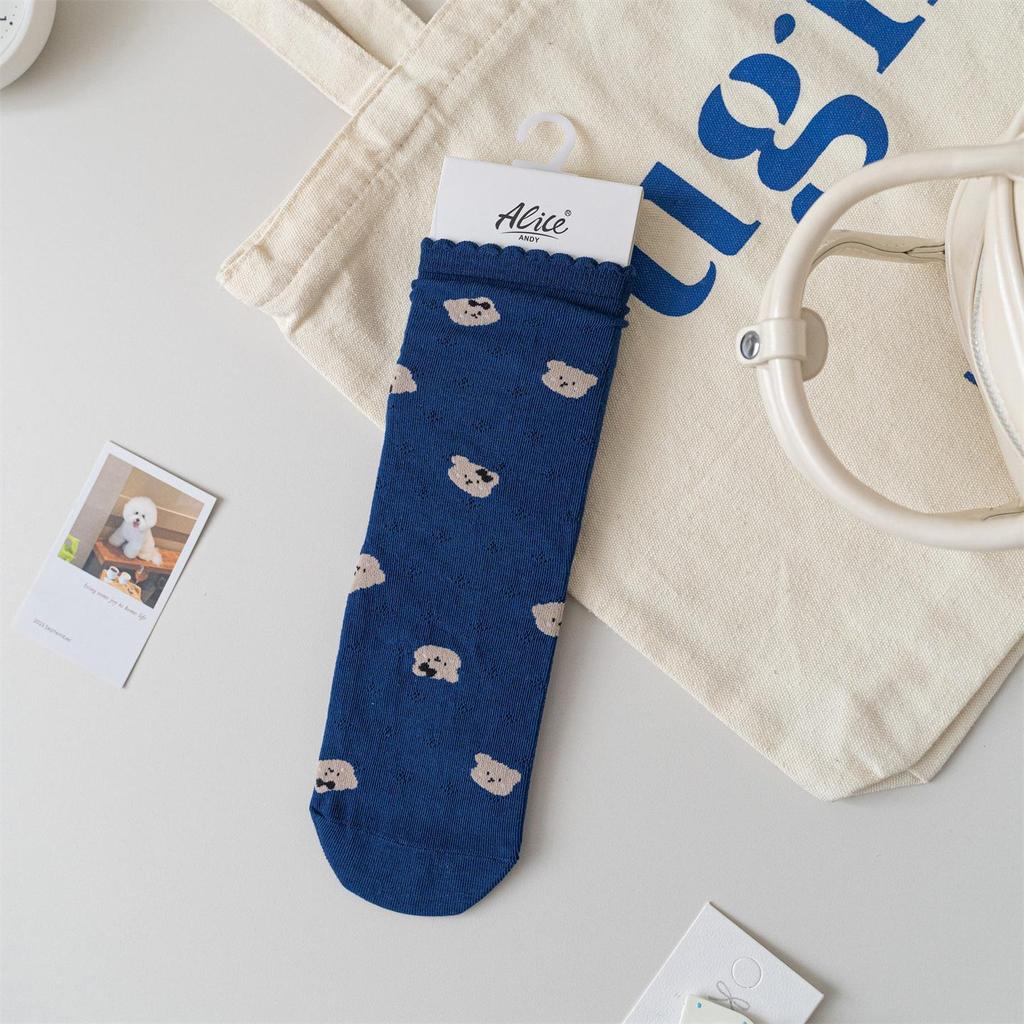 Women's Japanese-Style Blue & White Loose Socks: Spring/Summer Thin Mid-Calf with Cartoon Bear, Polka Dot & Bow Design