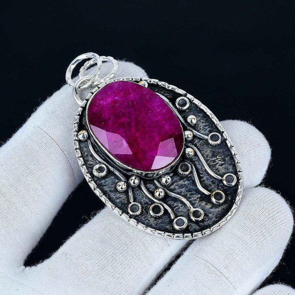 Kashmir Ruby Pendant, 925 Sterling Silver Handmade Jewelry, Ruby Silver Pendant, Party Wear Jewelry For Women's, Pendant New Year Gift