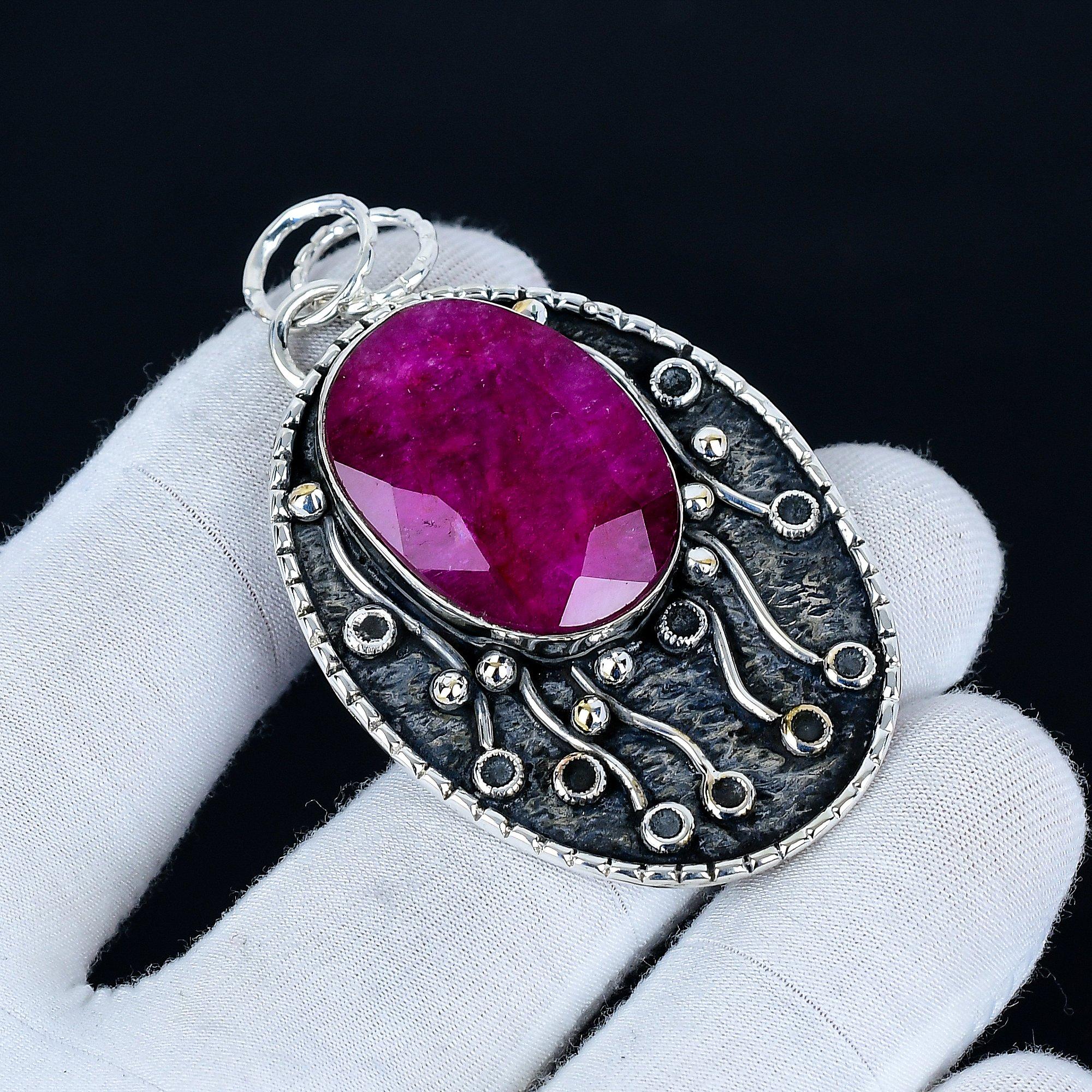 

Kashmir Ruby Pendant, 925 Sterling Silver Handmade Jewelry, Ruby Silver Pendant, Party Wear Jewelry For Women s, Pendant New Year Gift 6.5 Cm красный