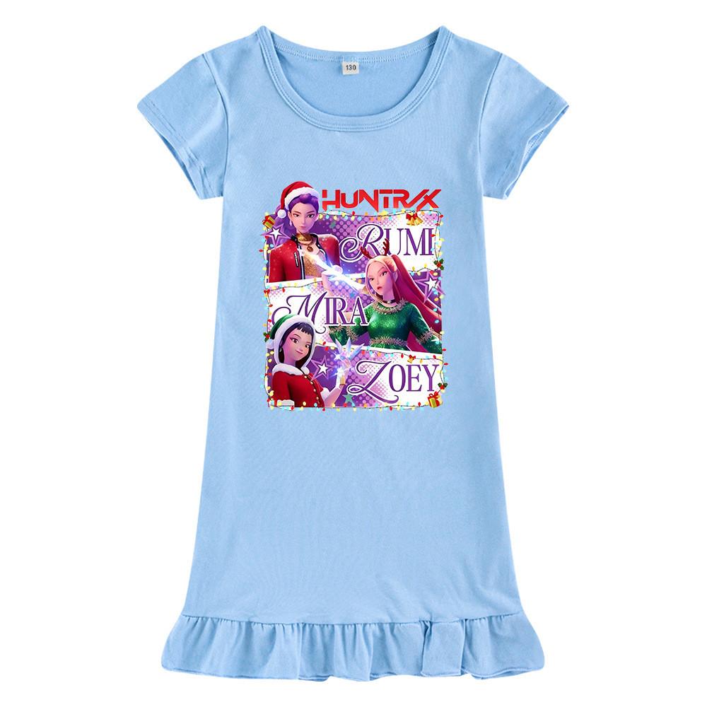 M1265 Kids Girls Christmas New Year Kpop Rumi Zoey Mira Print Short Sleeves Ruffle Dress