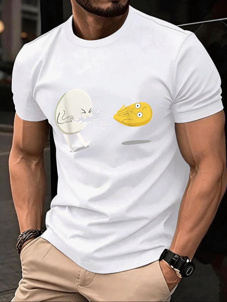 Unisexs Round Neck Tee Funny Egg Fight Cartoon Graphic Print Light Cotton Humor Novelty Street Daily Short Sleeve Casual Top
