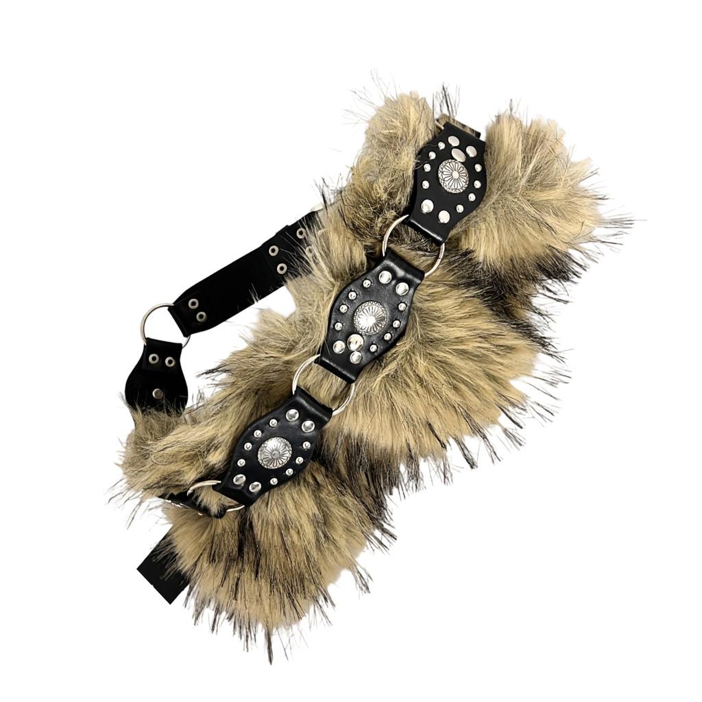 Retro Cowgirl Style Waistband Studded Faux Furry Belt Adjustable Length Waist Girdle Gothic Unisex Clothing Accessory