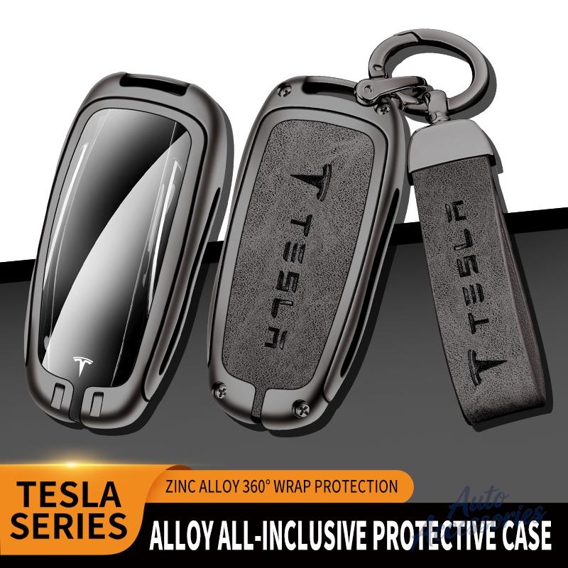 ALN1 Alloy Car Smart Remote Key Case Cover Protection Shell Keyring For Tesla Model 3 Model Y Model S X Leather Keychain Accessories