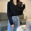 Frühlings- und Herbstspitze V-Ausschnitt Langarm Strickshirt für Damen Unterteil Schwarzes Oberteil Pullover