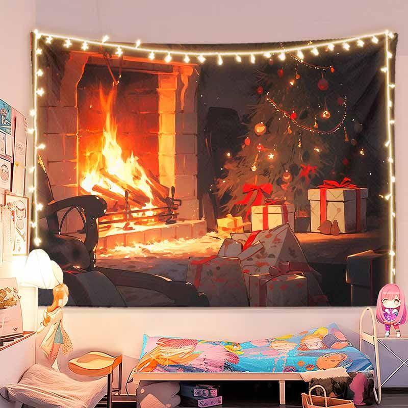Vintage Christmas Living Room Wall Tapestry Big Tree Fireplace Sofa Gift Warm Light Cozy Holiday Aesthetic Home Decor