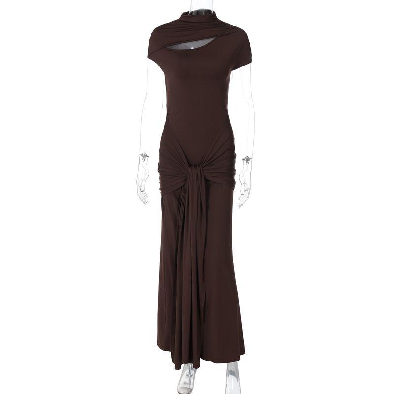 

Shemoda Fashion Ins Style Stylish Cut Out Short Sleeve Dress Women s Lace-up Waist-Controlled Ribbon Silm Long Skirt Brown S