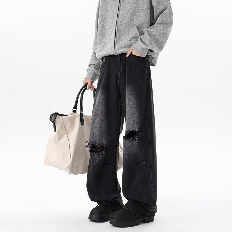 High Street Washed Old Ripped Jeans Men's Summer ins Trend High Street Vintage Loose Straight Casual Pants
