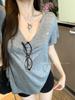 Women's Gray V-neck Short Sleeve Casual Loose Fit Summer T-shirt