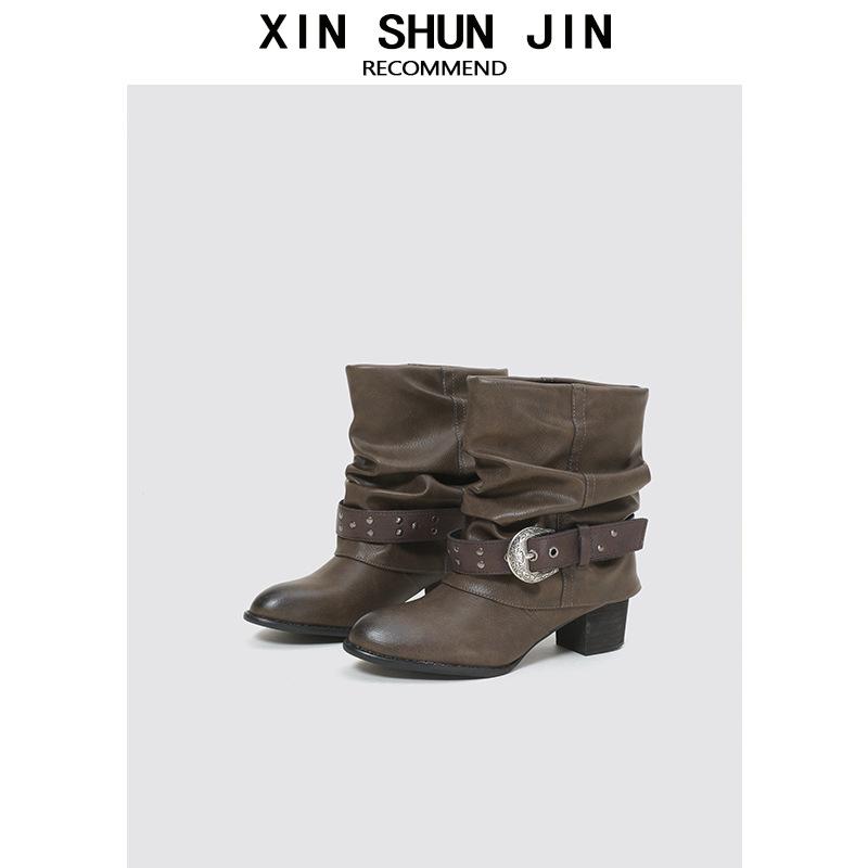 Folded Western Cowboy Boots Autumn Women'S Pile Boots Heel Pointed Knight Boots Pant Pants Boots