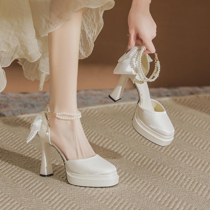 One Word with Waterproof Table High Heels Thick Heel Single Shoes Women's New White Wedding Shoes Square Head Satin Hollow Mary Jane Shoes