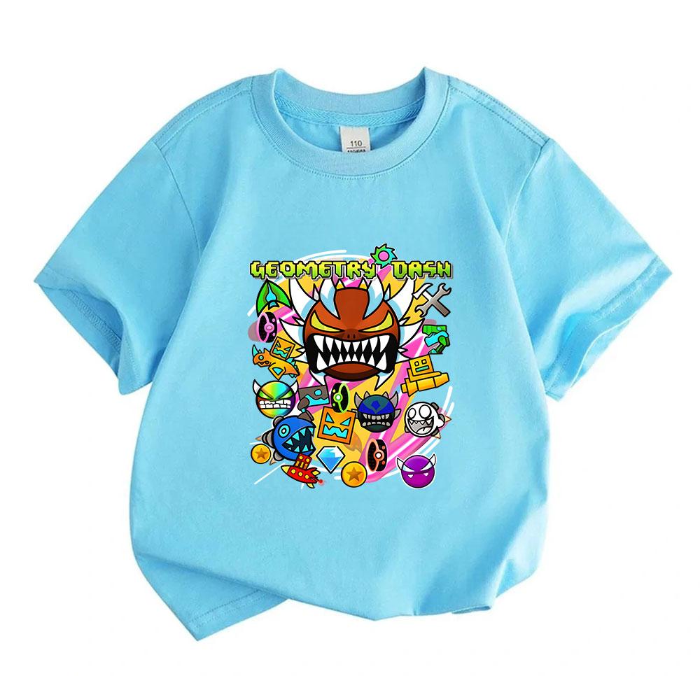 Kids Boys Girls 100% Cotton Crew Neck Short Sleeve T-Shirt, Geometry Game Cartoon Print Casual Summer Tee for Children Daily Wear Active Tops