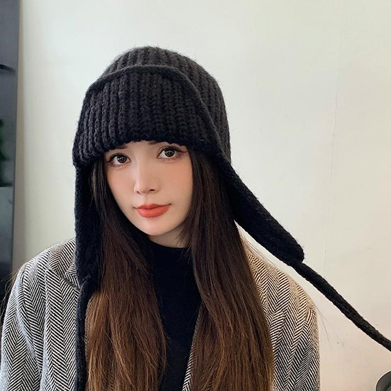 Ørebeskyttelse Strikkelue Vinter Varm Kuldebestandig Flylue Ensfarvet Ull Heklet Luer Koreansk Dame Beanie
