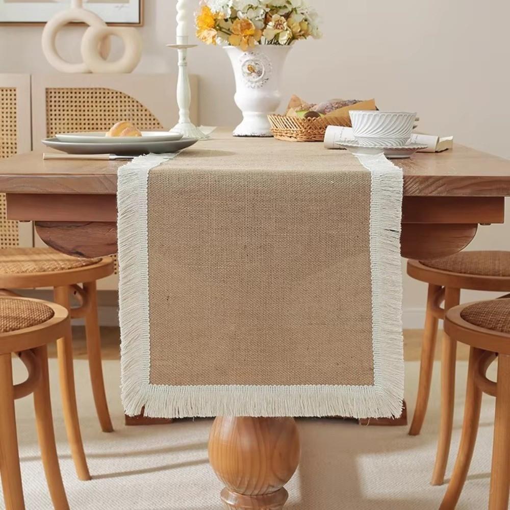 Macrame Edges Burlap Table Runner Woven Texture Machine Wash or Brush Family Dinners
