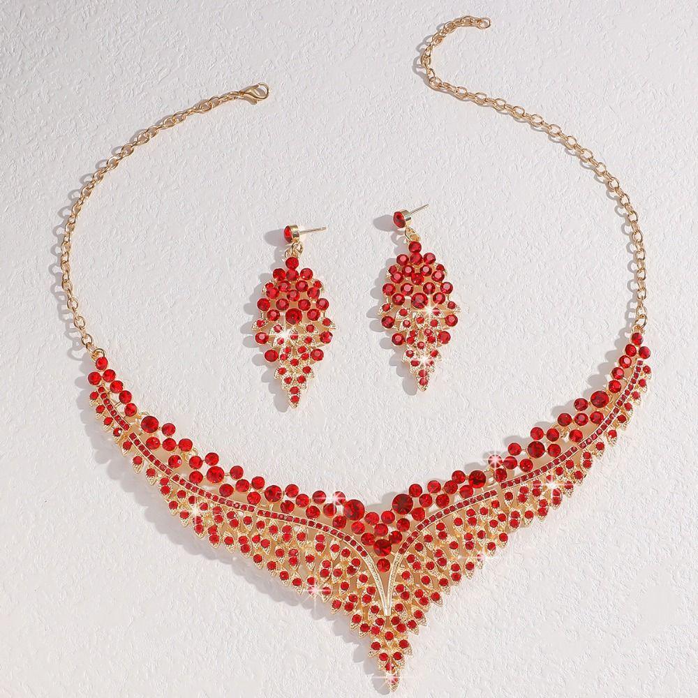 Fashion Jewelry Set Inlay Rhinestone Clavicle Chain Necklace Earring Set  Party