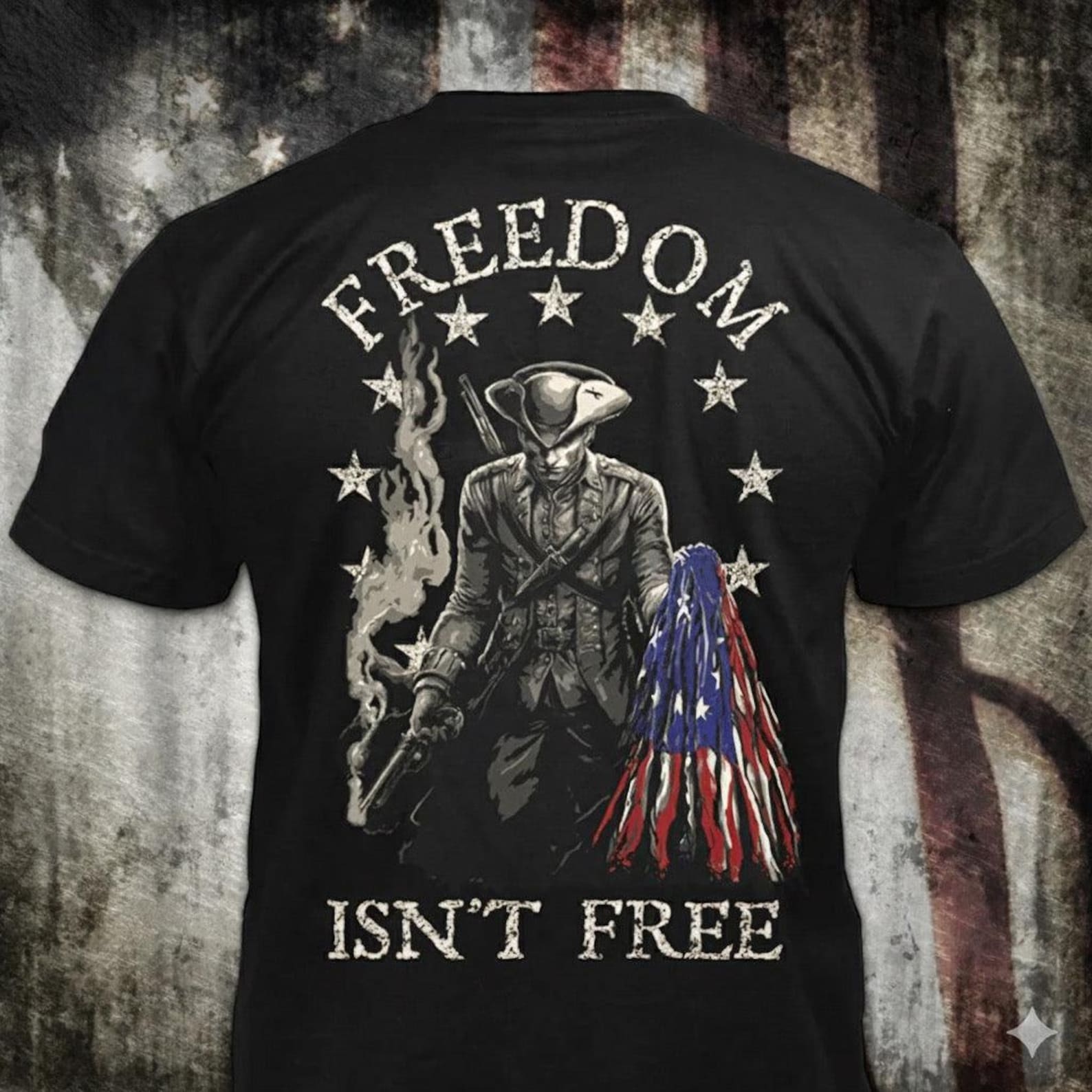 Freedom Isn t Free - Distressed Revolutionary Soldier American Flag T-Shirt: Patriotic 1776 Gift XL