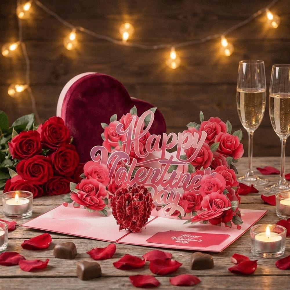 Fashion Romantic Theme 3D Rose Card Pop-Up Mechanism 3D Rose Couple Card Flower Design Gift Cards Valentines Day