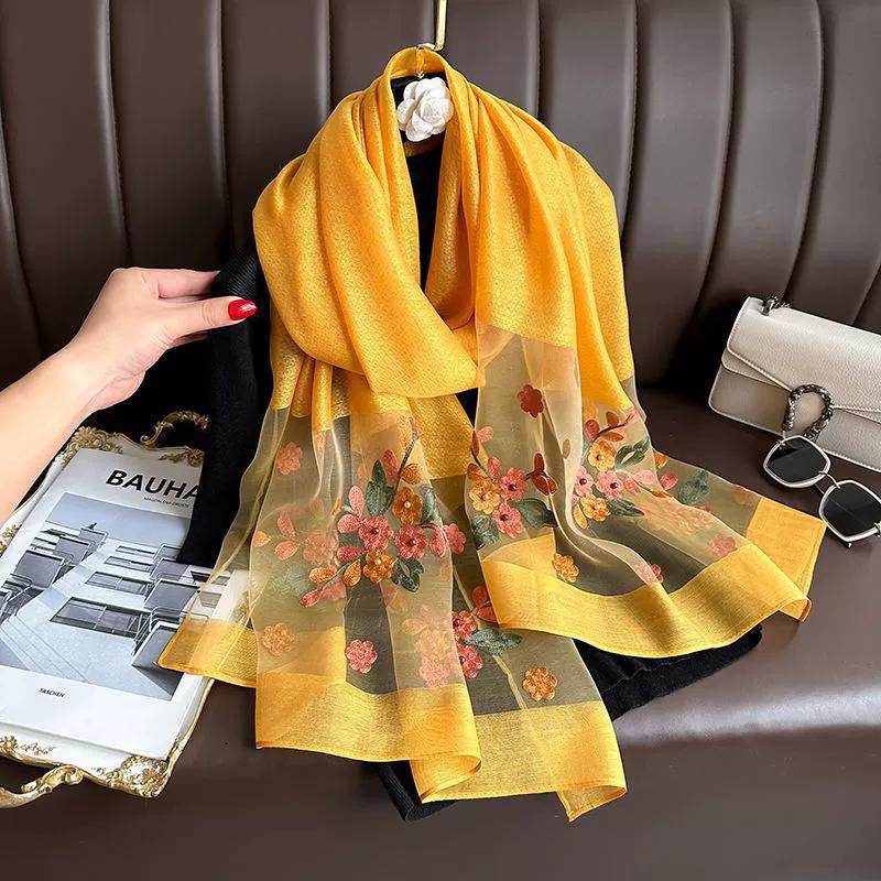 Floral Embroidery Elegant Silk Scarf Simulated Silk Soft Thin Shawl Scarf Solid Color 180*70Cm Beach Uv Protection Turban