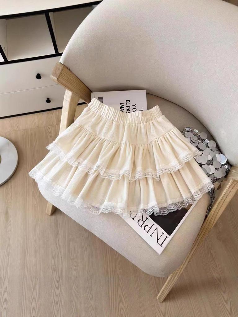 European Cotton Velvet Lace-Trimmed A-line Mini Skirt with Elastic Waist for Autumn & Winter