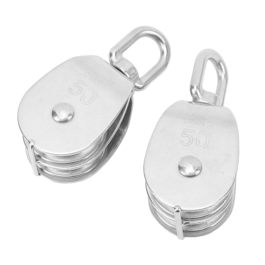 2Pcs Lifting Double Pulley Block Heavy Duty Stainless Steel Roller M50 Wire Rope Crane Hanging 400KG Loading