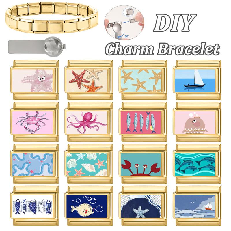 New Sea Series Starfish Shell Crab Conch Golden Italian Charm Links Fit 9mm Stainless Steel Bracelet DIY Making Christmas Gift