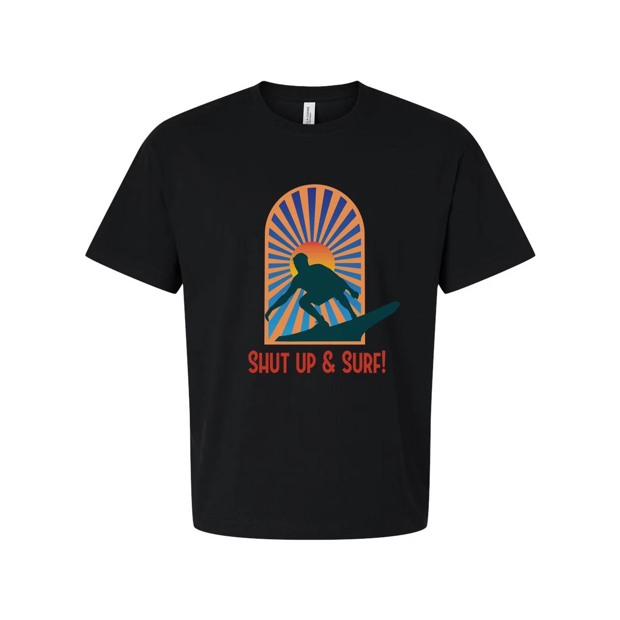 

Unisex Surfing Graphic Tee With Sunburst Arch Silhouette Of Surfer And Retro Sty M