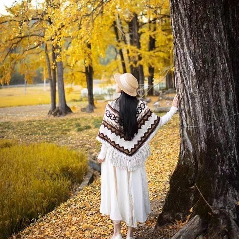 

Накидка-плащ осень-зима для женской верхней одежды, свитер в полоску вязки One Size белый