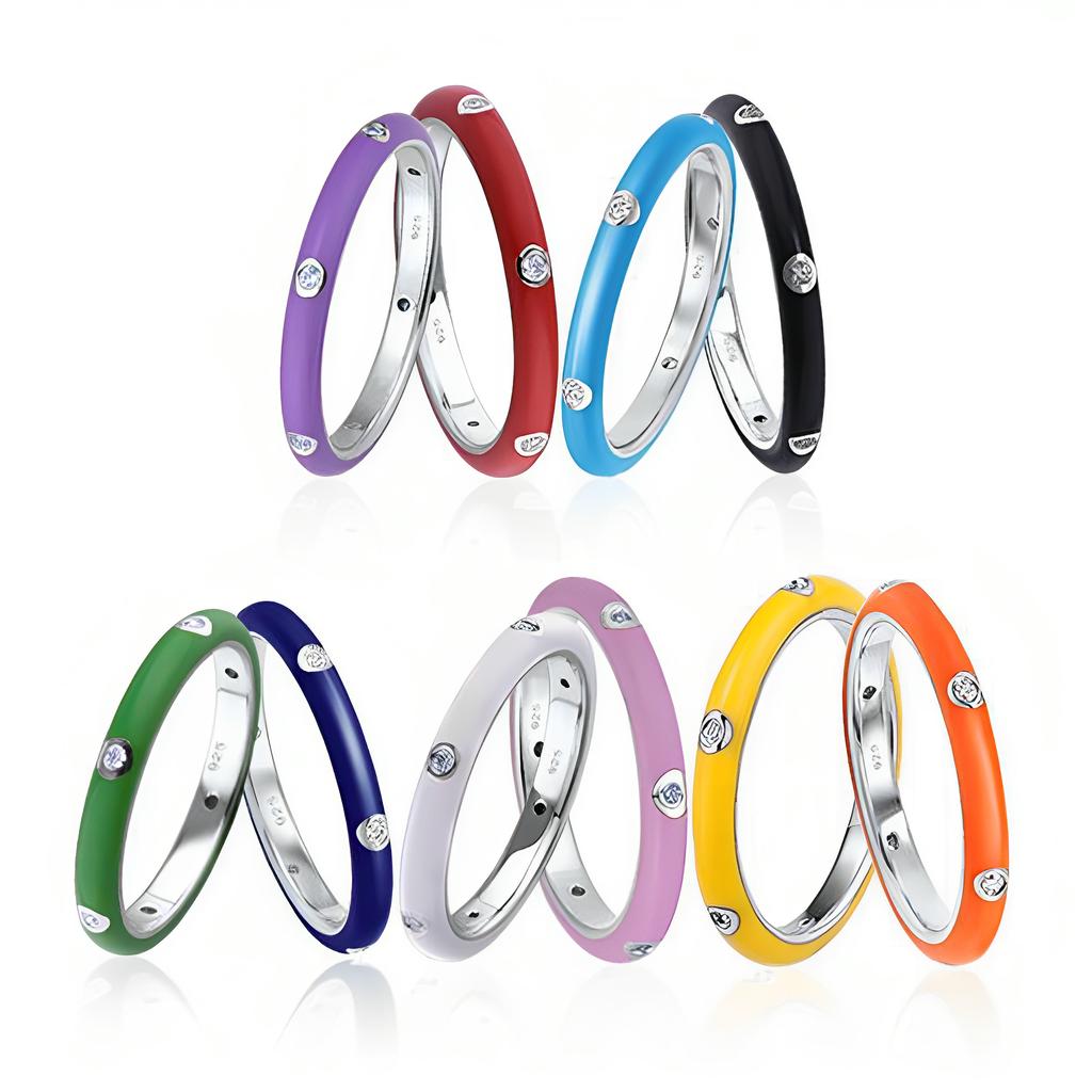 Silver Color Rings for Women Rainbow CZ Eternity Stackable Wedding Party Engagement Jewelry Gift Pink Enamel Designer Jewellery