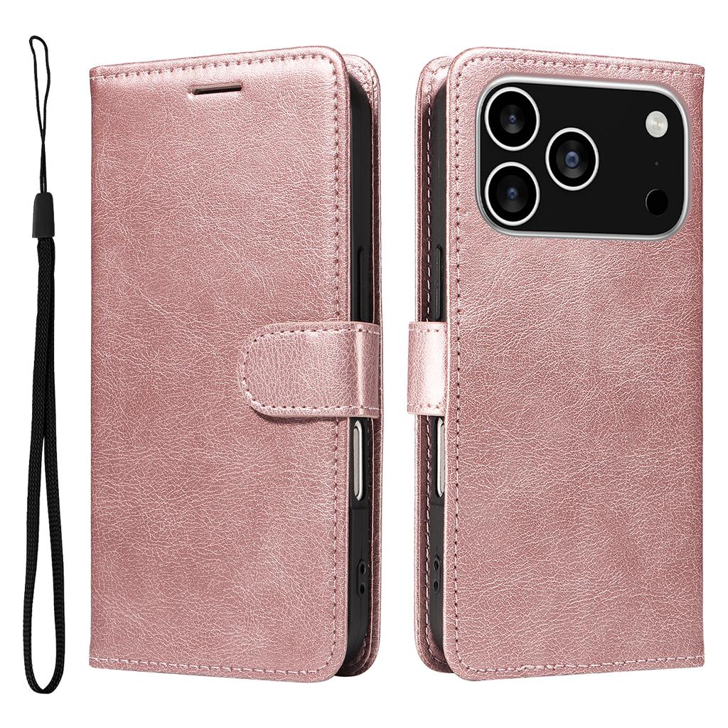 For iPhone 17 Pro Leather Wallet Case with Strap Solid Color Phone Stand Cover