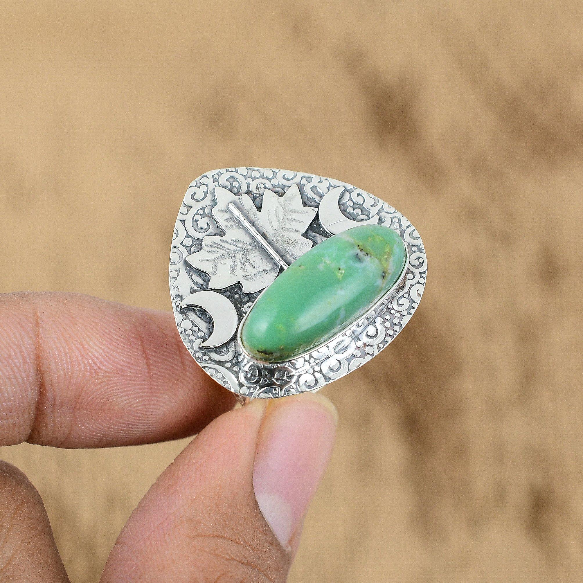 

925 Sterling Silver Chrysoprase Gemstone Promise Boho Cresent Moon Ring Jewelry Yes