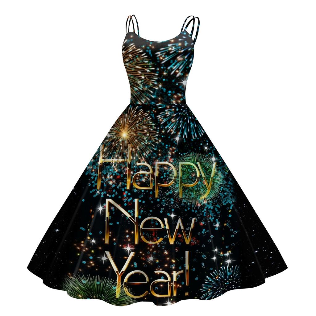 Kvinners Nyttårstrykt Casual Mote Rund Hals Midi Kjole