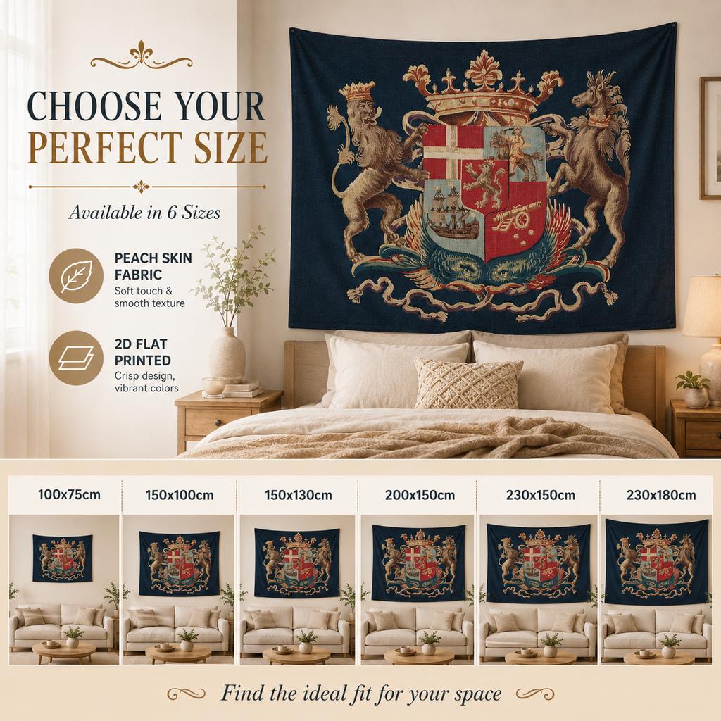 Vintage heraldisches Wappen Wandteppich Pfirsichhaut 2D Flach bedruckt Mittelalterlicher Löwe Wappen Wandbehang für Wohnzimmer Heimdekoration