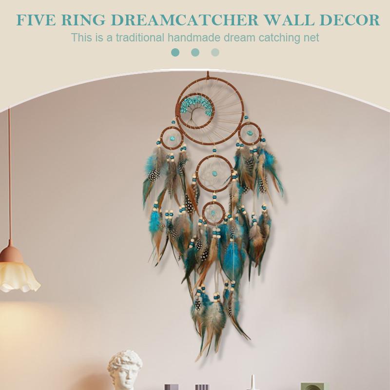 1pc 6 rings Tree of Life Dreamcatcher, Hand-woven Multi-ring Feather Wind Chimes Home Ornaments, Hanging Pendants, Wall Art,