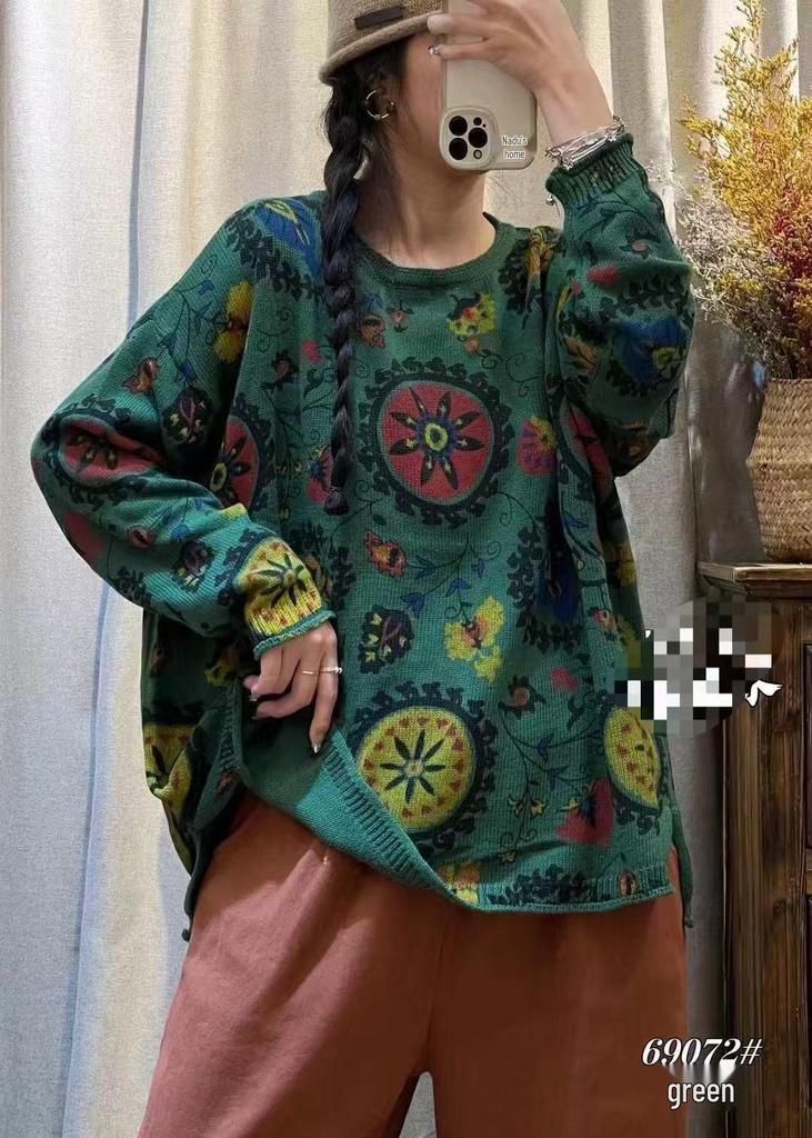 Autumn 2025 Women's Digital Print Loose Casual Korean Academic Style Cotton Pullover Sweater