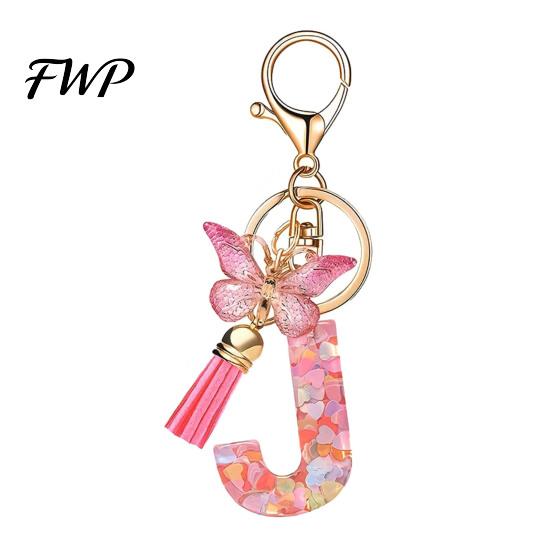 Initial Letter Charm Keychain Pink Series Pendant, Sequins Heart Key Chain with Holder Pendant Butterfly Tassel Design, A-Z for Bag Purse Backpack
