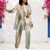 Women Plus Size Two Piece Pants Set Round Neck Three Quarter Sleeve Printed Layered Top And Long Pants